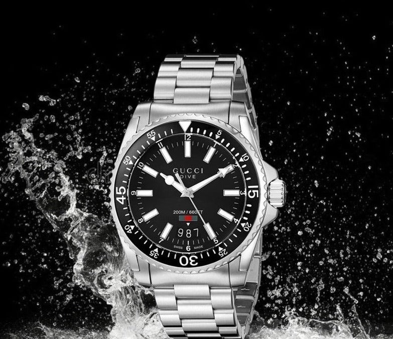 Shop Gucci Dive Quartz Black Dial Silver Steel Strap Watch For Men - YA136301 in USA