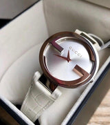 Gucci Interlocking 18K Gold Silver Dial White Leather Strap Watch For Women - YA133303 Buy Now By Gucci