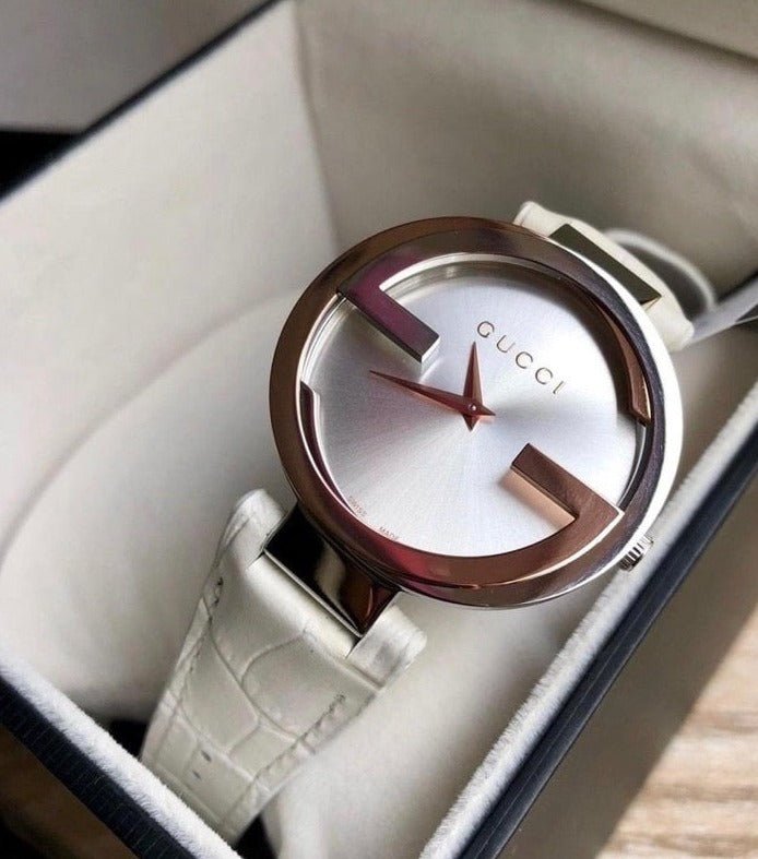 Gucci Interlocking 18K Gold Silver Dial White Leather Strap Watch For Women - YA133303 Buy Now By Gucci