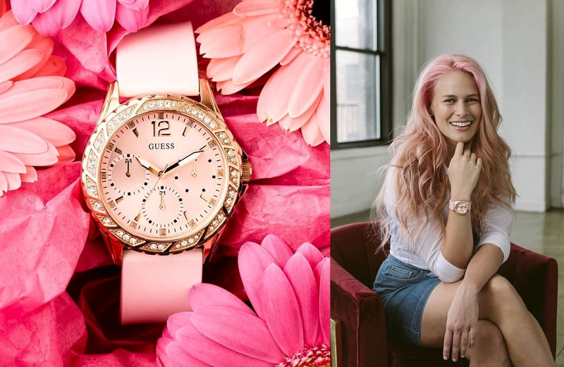 Shop Guess Sparkling Diamonds Pink Dial Pink Rubber Strap Watch for Women - W0032L9 in USA