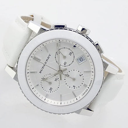 Shop Burberry City Chronograph White Dial White Leather Strap Watch For Women - BU9701 in USA