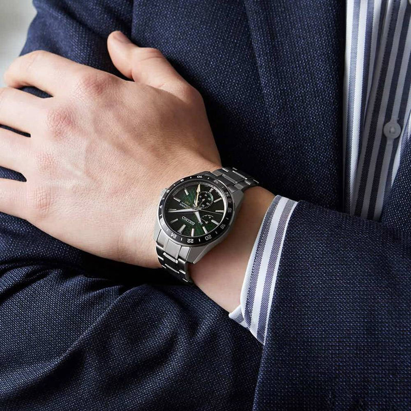 Shop Seiko Presage Sharp Edged Series GMT Green Dial Silver Steel Strap Watch For Men - SPB219J1 in USA