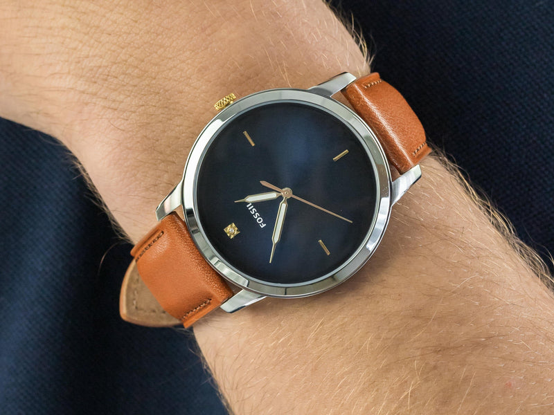 Shop Fossil The Minimalist 3H Blue Dial Brown Leather Strap Watch for Men - FS5499 in USA