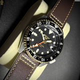 Seiko 5 Sports SKX GMT Automatic Mocha Black Dial Brown Leather Strap Watch For Men - SSK036K1