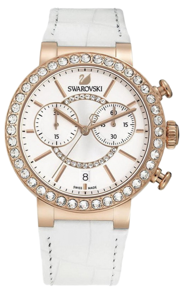Shop Swarovski Citra Sphere Chrono White Dial White Leather Strap Watch for Women - 5080602 in USA