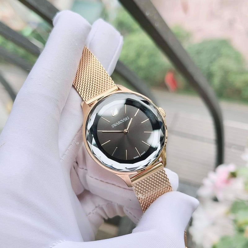 Swarovski Octea Nova Black Dial Rose Gold Mesh Bracelet Watch for Women - 5430424 Buy Now By Swarovski