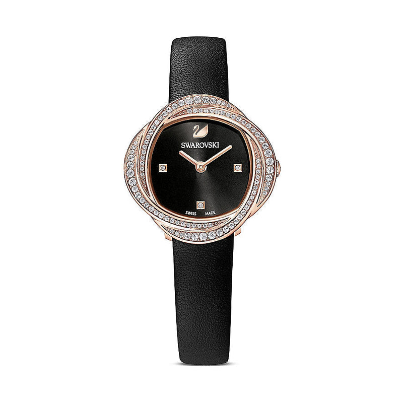 Shop Swarovski Crystal Flower Black Dial Black Leather Strap Watch for Women - 5552421 in USA
