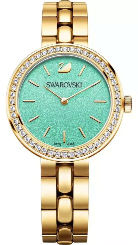 Shop Swarovski Daytime Crystals Turquoise Dial Gold Steel Strap Watch for Women - 5182212 in USA