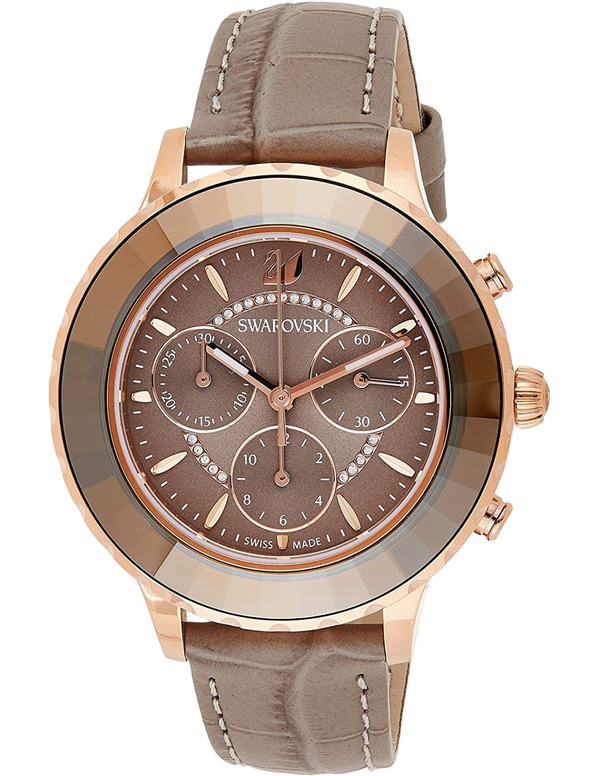 Shop Swarovski Octea Lux Chrono Grey Dial Grey Leather Strap Watch for Women - 5452495 in USA
