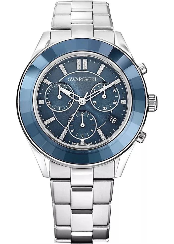 Shop Swarovski Octea Lux Sport Chronograph Blue Dial Silver Steel Strap Watch for Women - 5610481 in USA