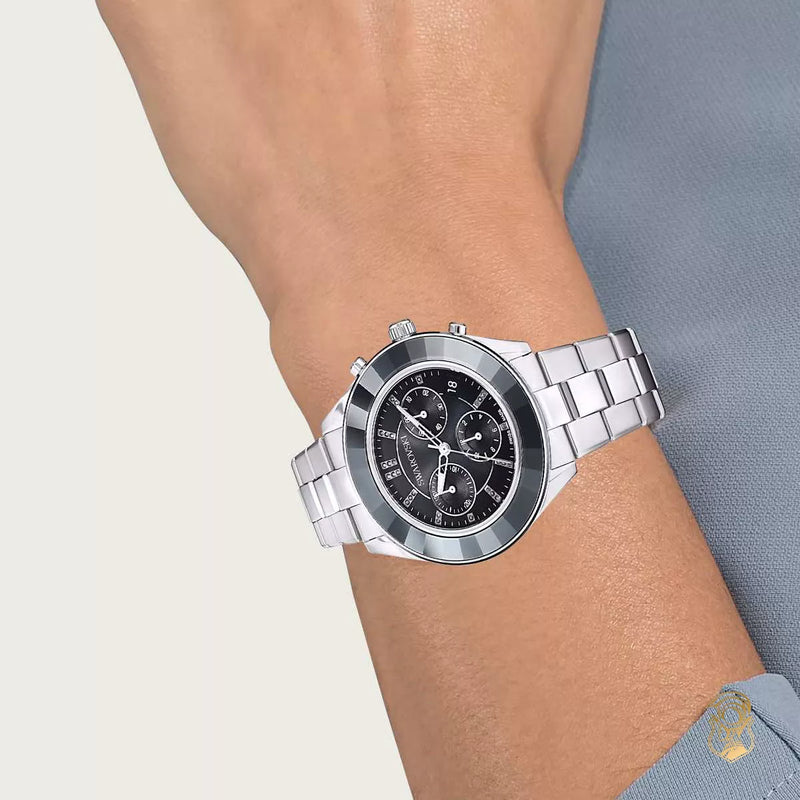 Shop Swarovski Octea Lux Sport Chronograph Black Dial Silver Steel Strap Watch for Women - 5610520 in USA