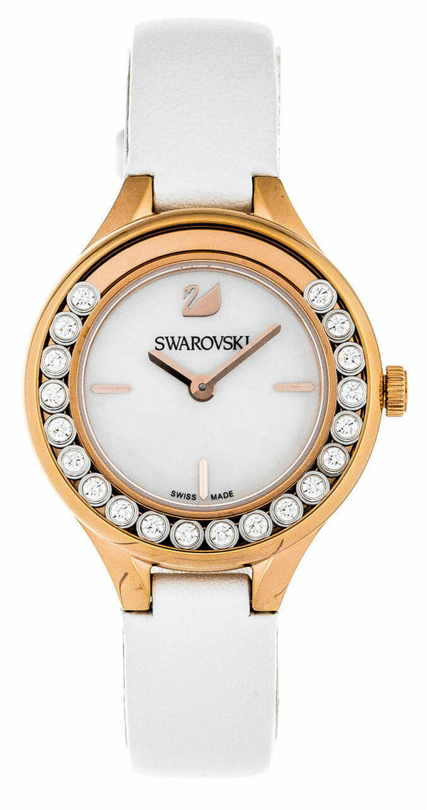 Shop Swarovski Lovely Crystals Mother of Pearl Dial White Leather Strap Watch for Women - 5242904 in USA