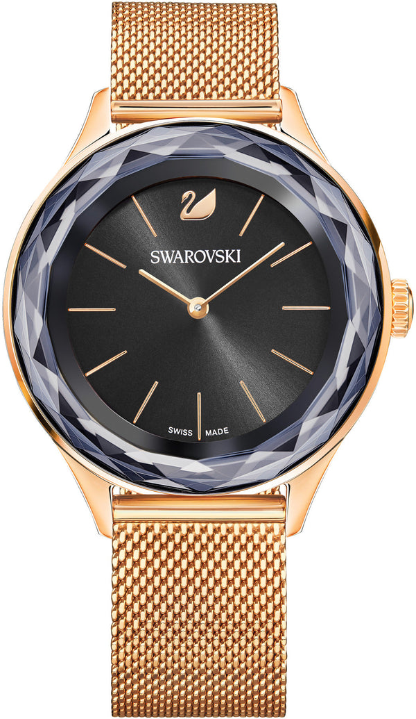Shop Swarovski Octea Nova Black Dial Rose Gold Mesh Bracelet Watch for Women - 5430424 in USA