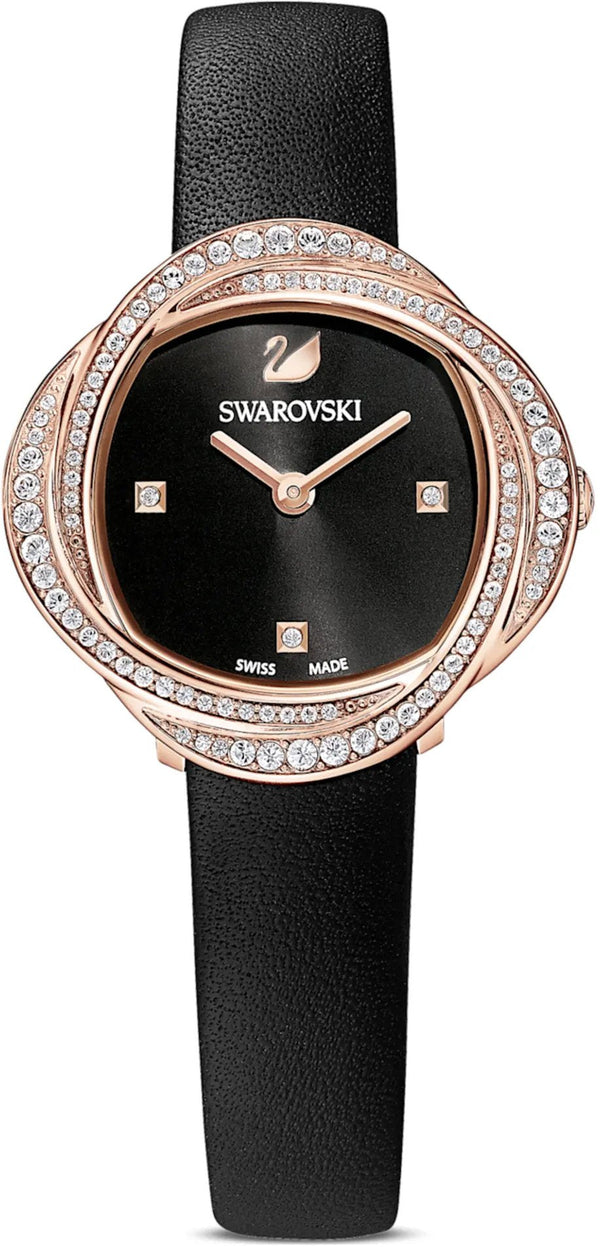 Shop Swarovski Crystal Flower Black Dial Black Leather Strap Watch for Women - 5552421 in USA