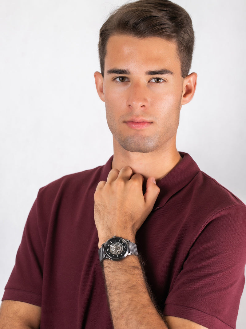 Fossil Neutra Automatic Skeleton Black Dial Grey Mesh Strap Watch for Men - ME3185 Buy Now By Fossil