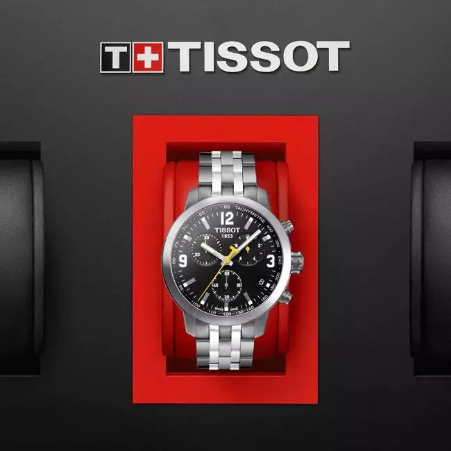 Tissot PRC 200 Chronograph Black Dial Silver Steel Strap Watch For Men - T055.417.11.057.00