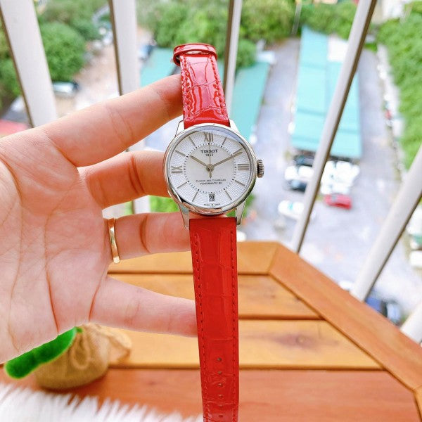 Tissot Chemin Des Tourelles Powermatic 80 Mother of Pearl White Dial Red Leather Strap Watch For Women - T099.207.16.118.00 Buy Now By Tissot