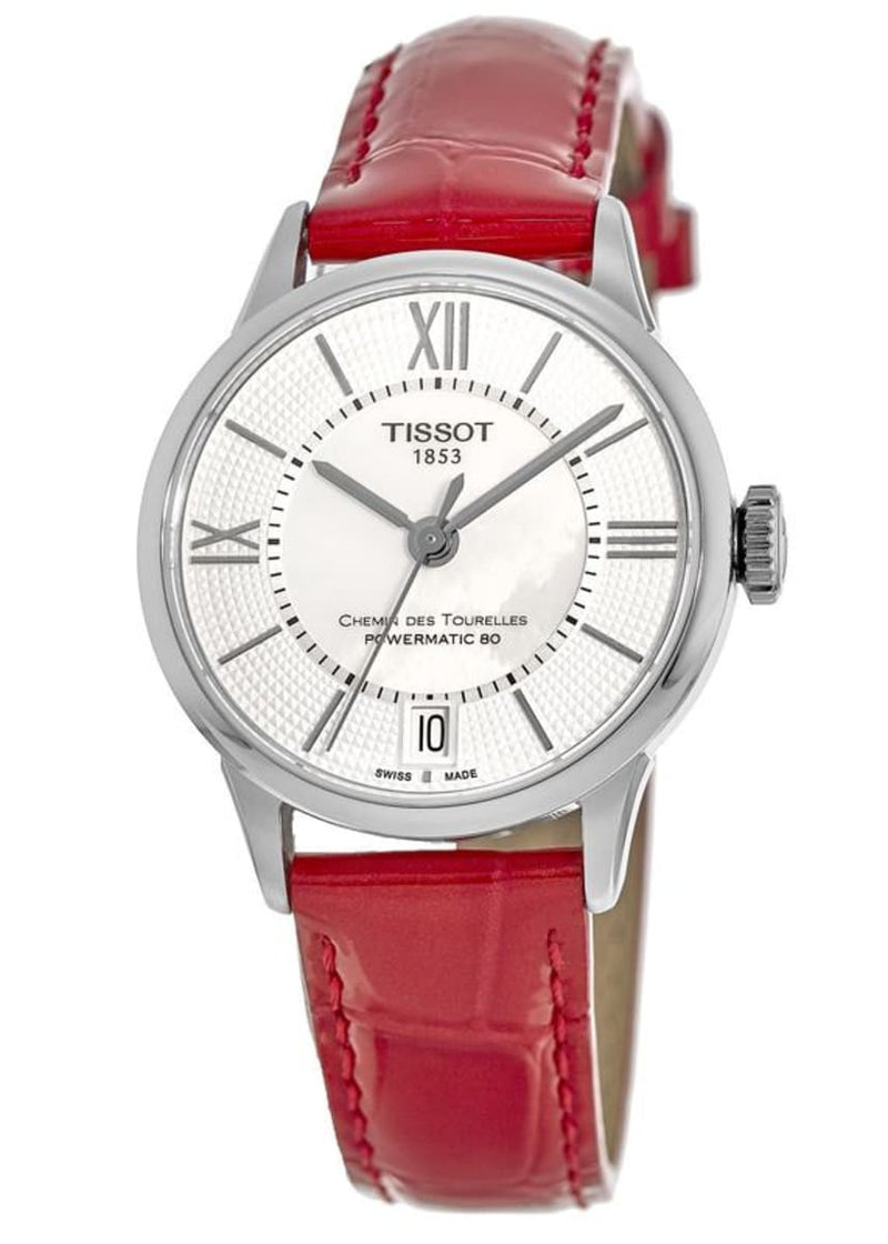 Tissot Chemin Des Tourelles Automatic Mother of Pearl White Dial Red Leather Strap Watch For Women - T099.207.16.118.00 Buy Now By Tissot