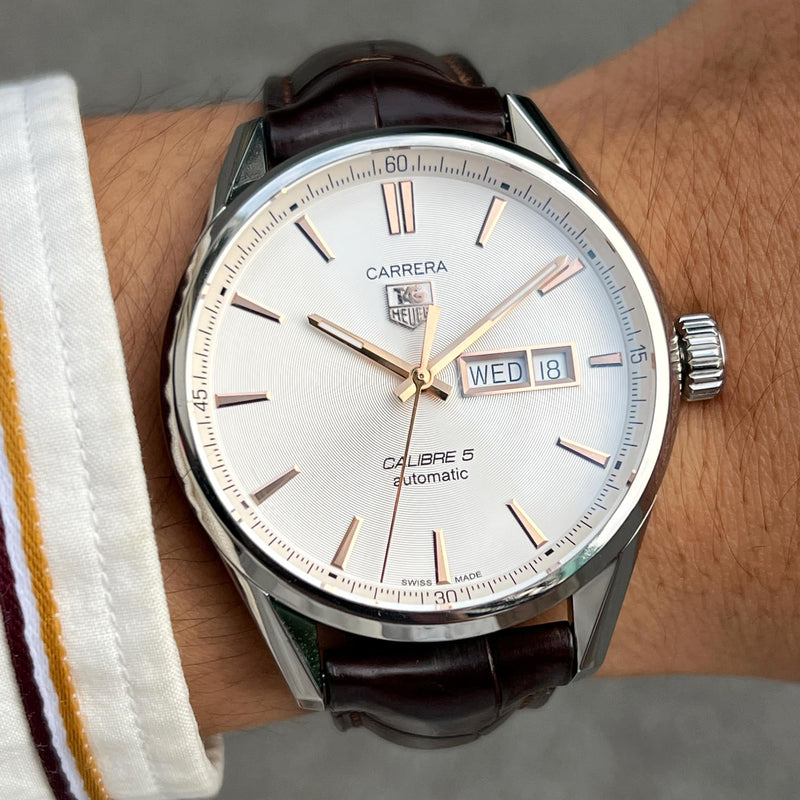 Tag Heuer Carrera Calibre 5 Automatic White Dial Brown Leather Strap Watch for Men - WAR201D.FC6291 Buy Now By Tag Heuer