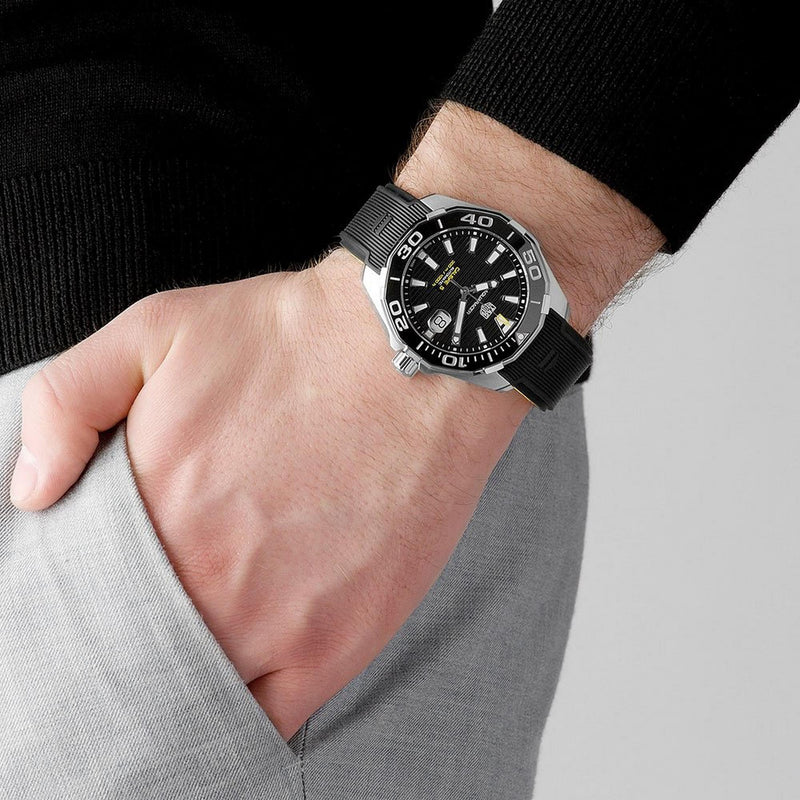 Shop Tag Heuer Aquaracer Calibre 5 Automatic Black Dial Black Rubber Strap Watch for Men - WAY201A.FT6142 in USA