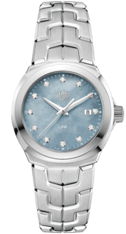 Shop Tag Heuer Link Quartz Diamonds Blue Mother of Pearl Dial Silver Steel Strap Watch for Women - WBC1313.BA0600 in USA