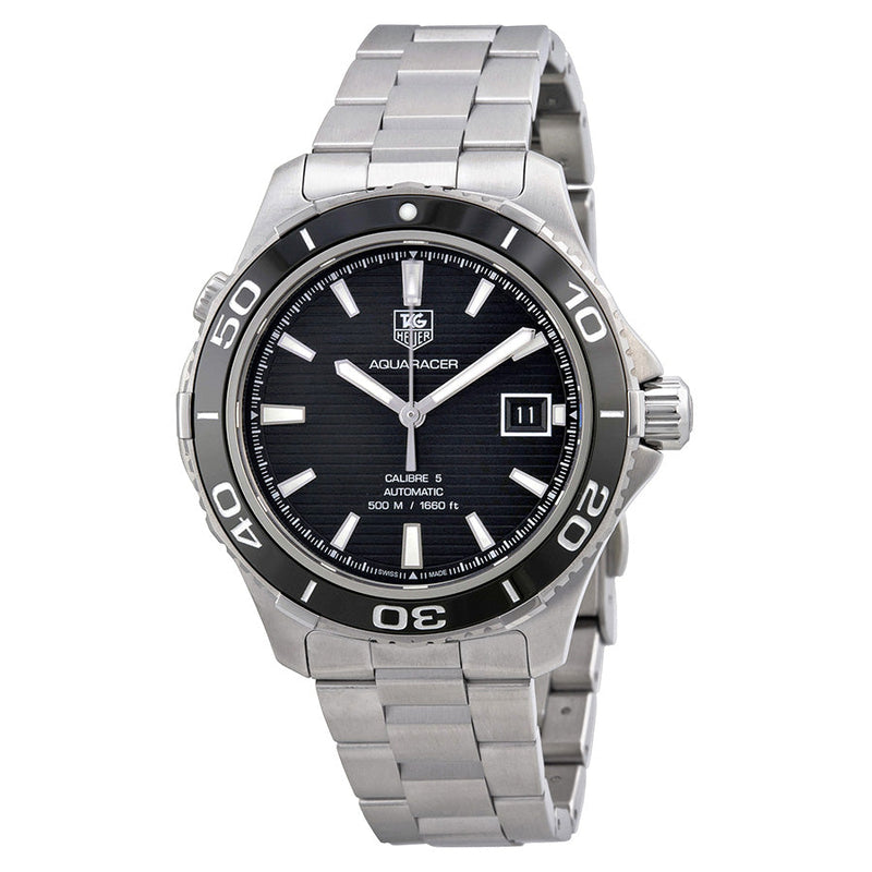Shop Tag Heuer Aquaracer Caliber 5 Automatic Black Dial Silver Steel Strap Watch for Men - WAK2110.BA0830 in USA