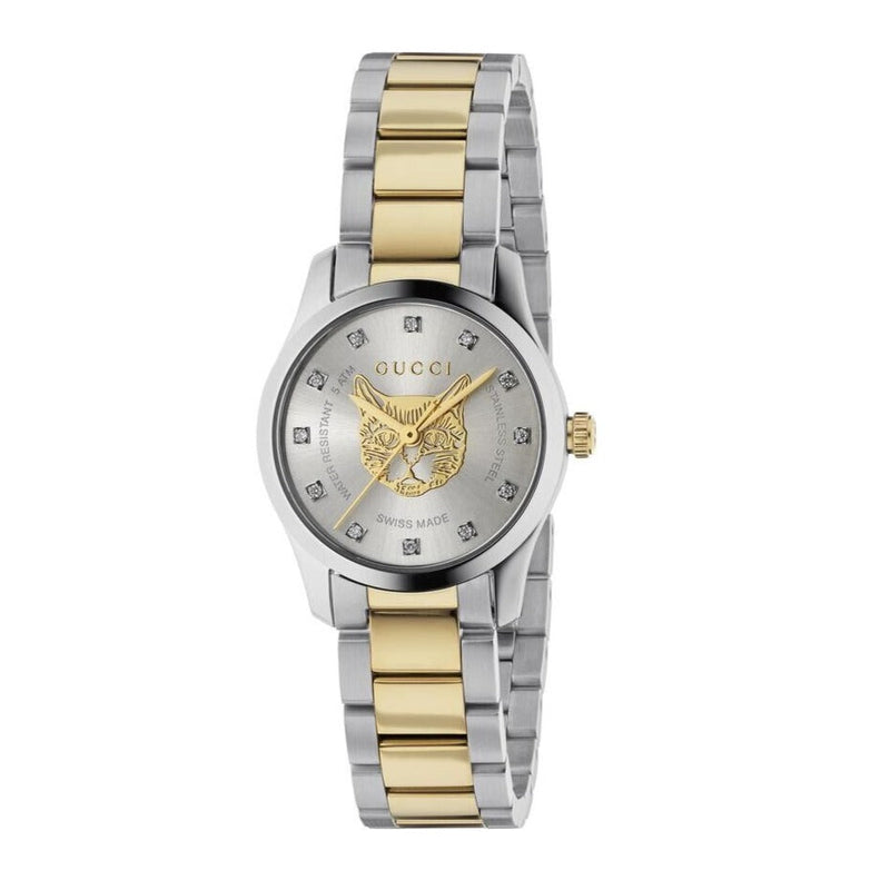 Shop Gucci G Timeless Quartz Diamonds Silver Dial Two Tone Steel Strap Watch For Women - YA1265016 in USA