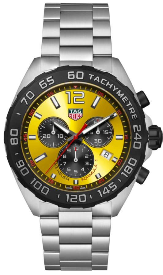 Shop Tag Heuer Formula 1 Quartz Chronograph Yellow Dial Silver Steel Strap Watch for Men - CAZ101AM.BA0842 in USA