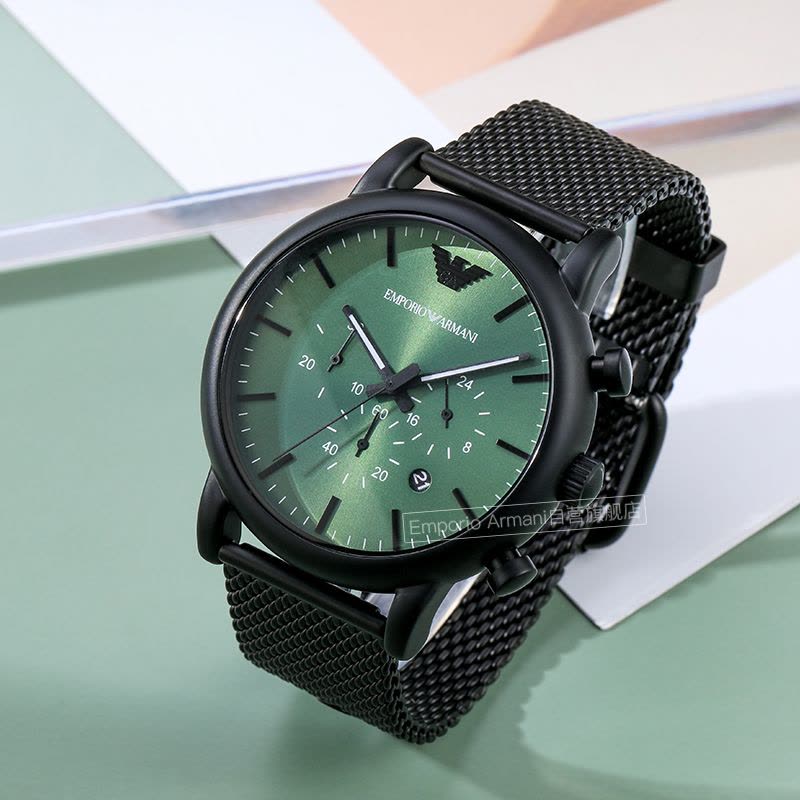 Emporio Armani Luigi Chronograph Green Dial Black Mesh Bracelet Watch For Men - AR11470 Buy Now By Emporio Armani