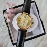 Michael Kors Sawyer Champagne Dial Black Leather Strap Watch for Women - MK2433 Buy Now By Michael Kors