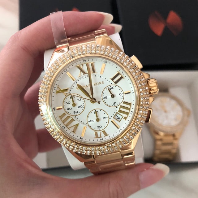 Shop Michael Kors Camille Silver Diamonds Dial Gold Steel Strap Watch for Women - MK5756 in USA