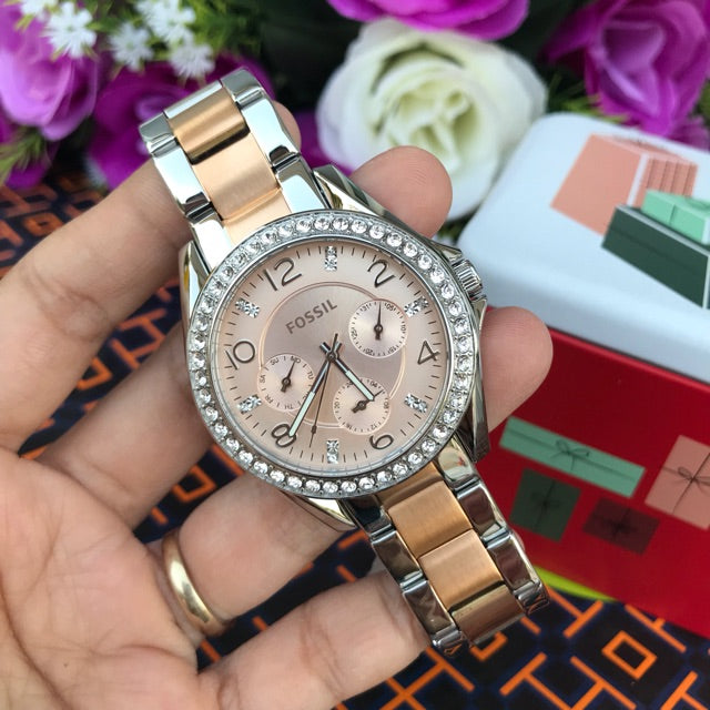Fossil Riley Multifunction Rose Gold Dial Two Tone Steel Strap Watch for Women - ES4145 Buy Now By Fossil