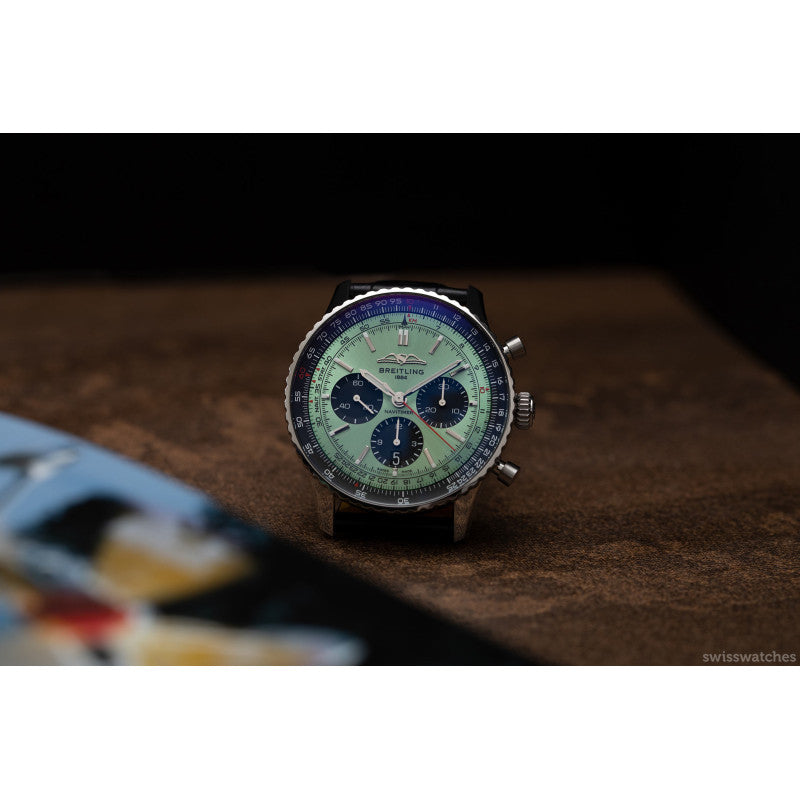 Shop Breitling Navitimer B01 Chronograph 43 Green Dial Black Leather Strap Watch for Men - AB0138241L1P1 in USA