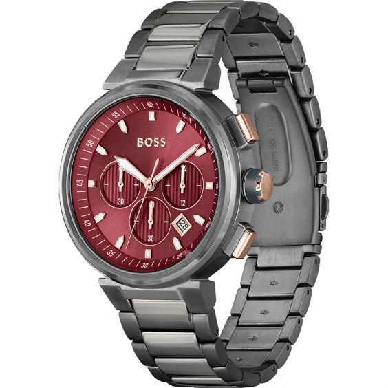 Hugo Boss One Chronograph Red Dial Grey Steel Strap Watch For Men - 1514000 Buy Now By Hugo Boss