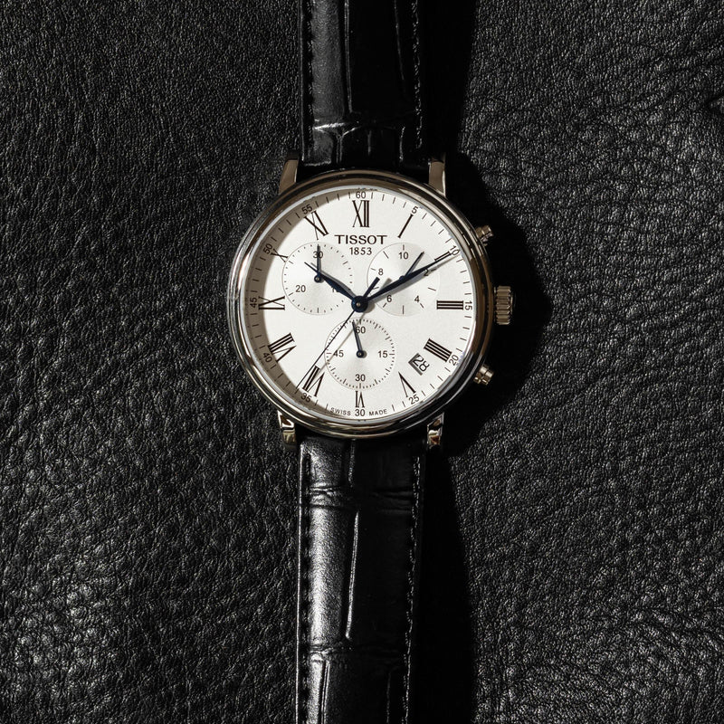 Tissot Carson Premium Chronograph Silver Dial Black Leather Strap Watch For Men - T122.417.16.033.00 Buy Now By Tissot
