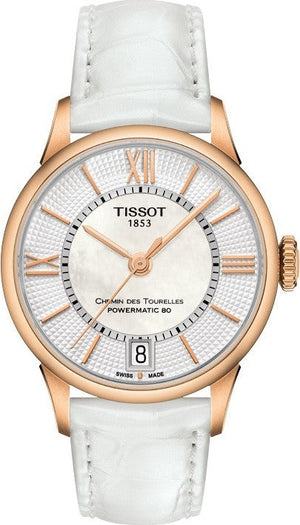 Tissot Chemin Des Tourelles Powermatic 80 Lady Silver Dial White Leather Strap Watch For Women - T099.207.36.118.00