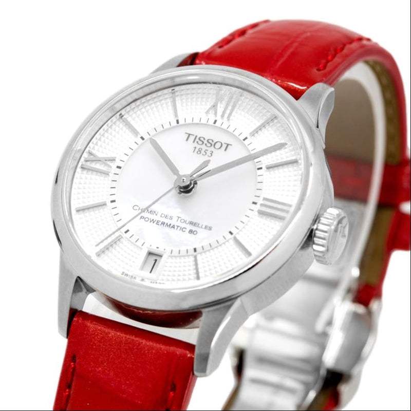 Tissot Chemin Des Tourelles Powermatic 80 Mother of Pearl White Dial Red Leather Strap Watch For Women - T099.207.16.118.00 Buy Now By Tissot