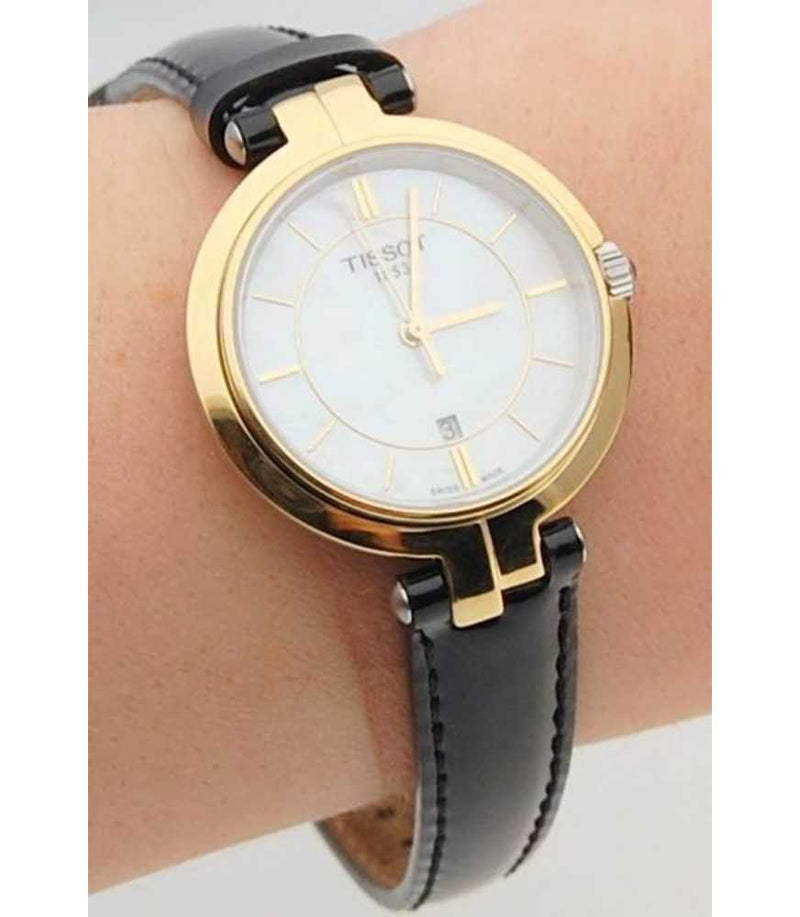 Tissot Flamingo Mother of Pearl White Dial Black Leather Strap Watch For Women - T094.210.26.111.00 Buy Now By Tissot