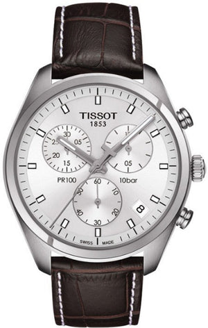 Tissot PR 100 Chronograph Silver Dial Brown Leather Strap Watch for Men - T101.417.16.031.00