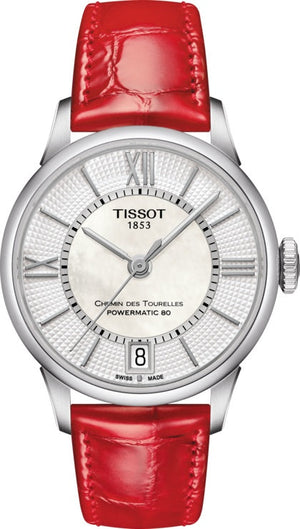 Tissot Chemin Des Tourelles Automatic Mother of Pearl White Dial Red Leather Strap Watch For Women - T099.207.16.118.00