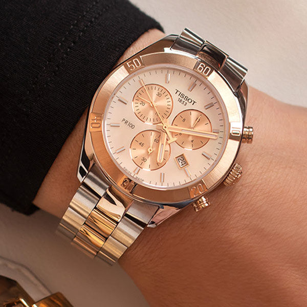 Tissot PR 100 Sport Chic Chronograph Diamonds Mother of Pearl Dial Two Tone Steel Strap Watch for Women - T101.917.22.116.00 Buy Now By Tissot