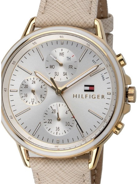 Shop Tommy Hilfiger Carly Silver Dial Cream Leather Strap Watch for Women - 1781790 in USA