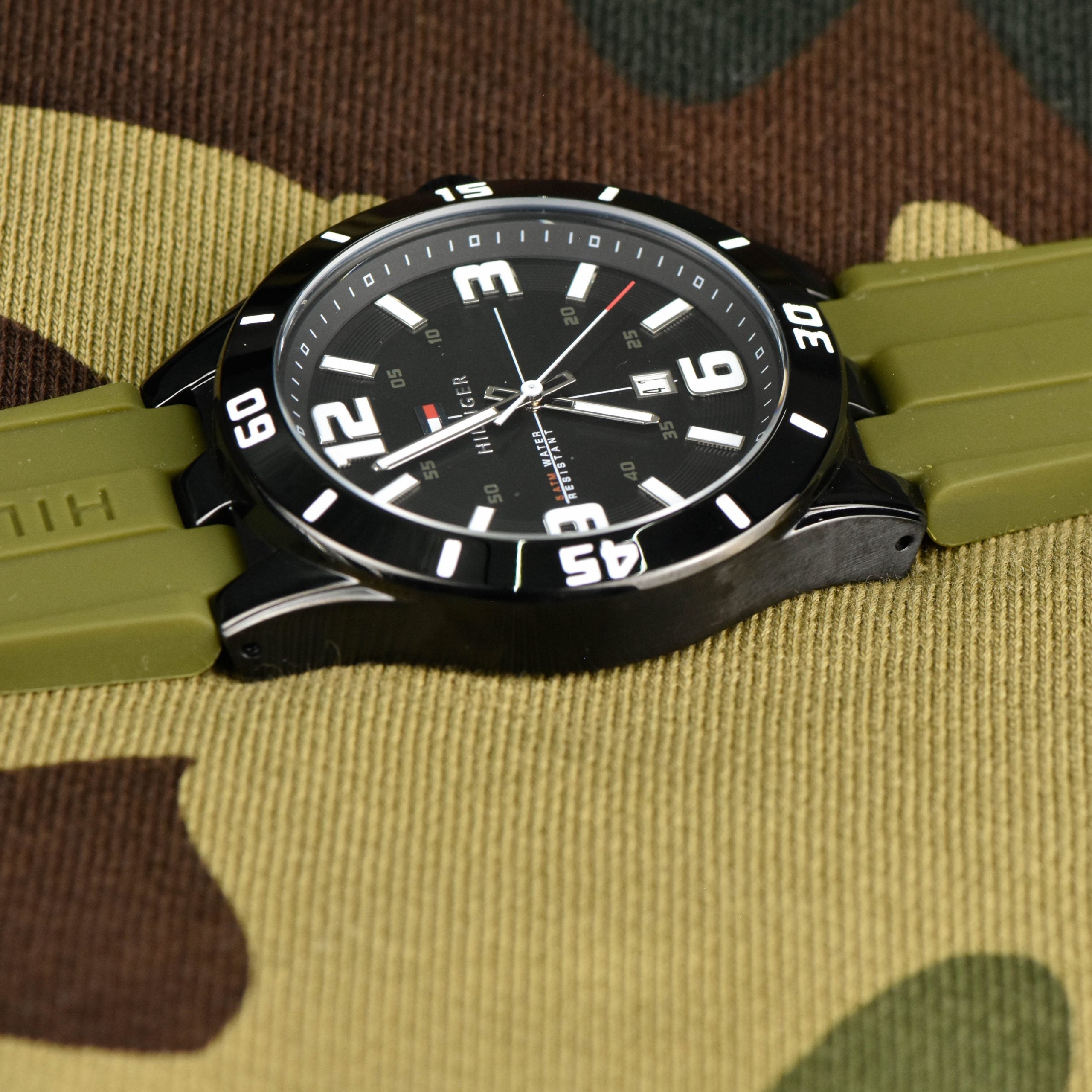 Tommy Hilfiger Drew Black Dial Green Rubber Strap Watch for Men - 1791065