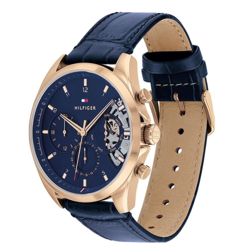 Tommy Hilfiger Baker Chronograph Quartz Blue Dial Blue Leather Strap Watch For Men - 1710451