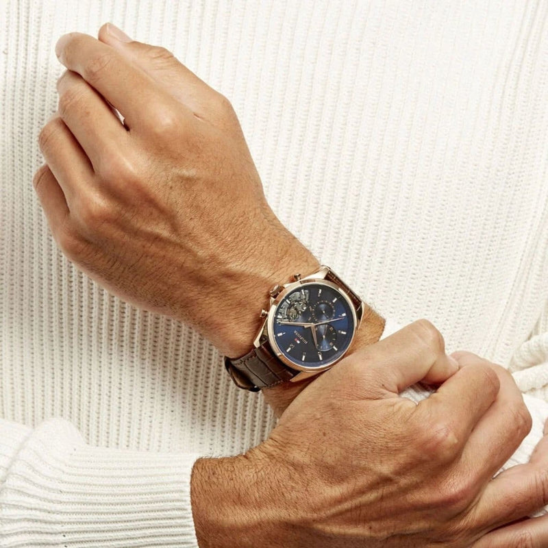 Tommy Hilfiger Baker Chronograph Blue Dial Brown Leather Strap Watch For Men - 1710453 Buy Now By Tommy Hilfiger