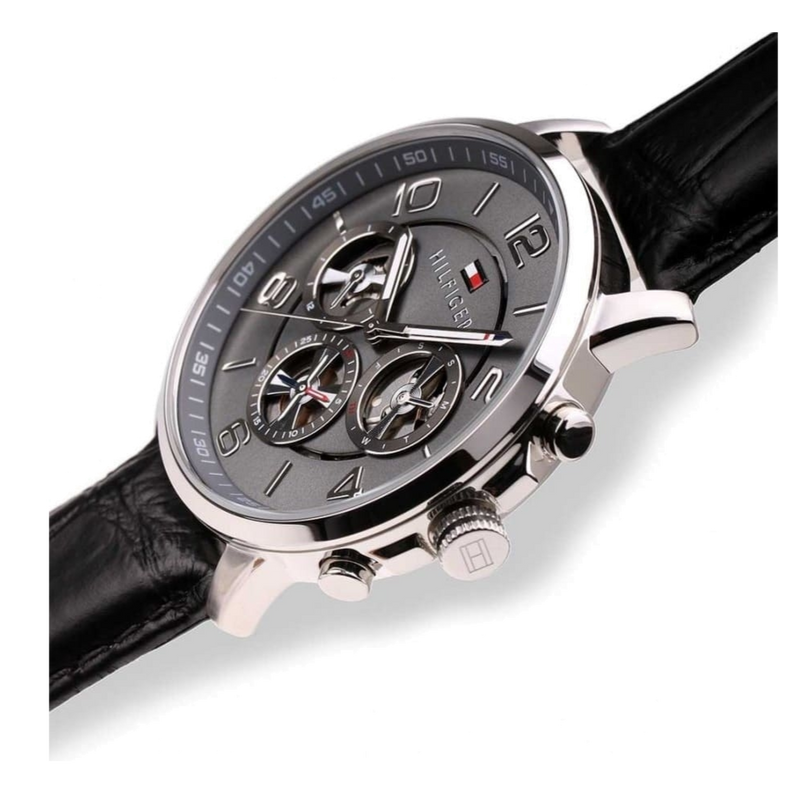 Tommy Hilfiger Keagan Quartz Grey Dial Black Leather Strap Watch for Men - 1791289