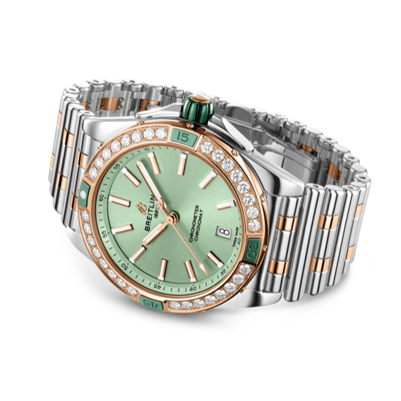 Breitling Super Chronomat Automatic 38 Diamonds Green Dial Two Tone Steel Strap Watch for Women - U17356531L1U1