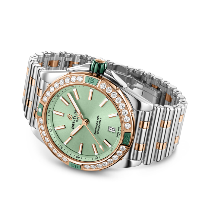 Breitling Super Chronomat Automatic 38 Diamonds Green Dial Two Tone Steel Strap Watch for Women - U17356531L1U1