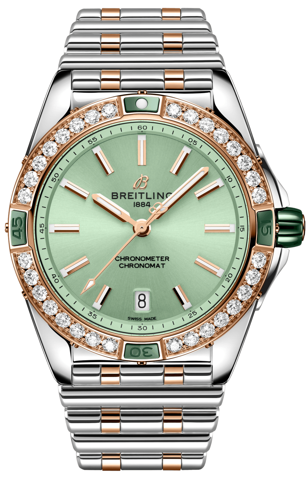 Breitling Super Chronomat Automatic 38 Diamonds Green Dial Two Tone Steel Strap Watch for Women - U17356531L1U1