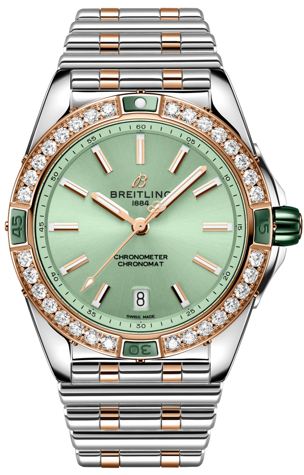 Breitling Super Chronomat Automatic 38 Diamonds Green Dial Two Tone Steel Strap Watch for Women - U17356531L1U1